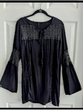 Raviya Black Lace Boho Swimsuit Coverup Tunic Dress Top Macrame Festival